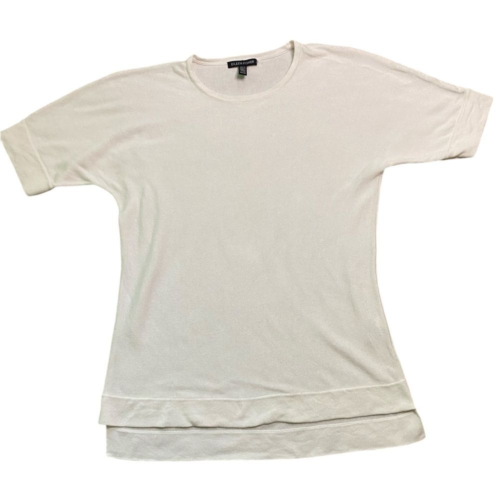 Eileen Fisher Cream Tencel Lyocell and Silk Blend Crewneck Short Sleeve Sweater